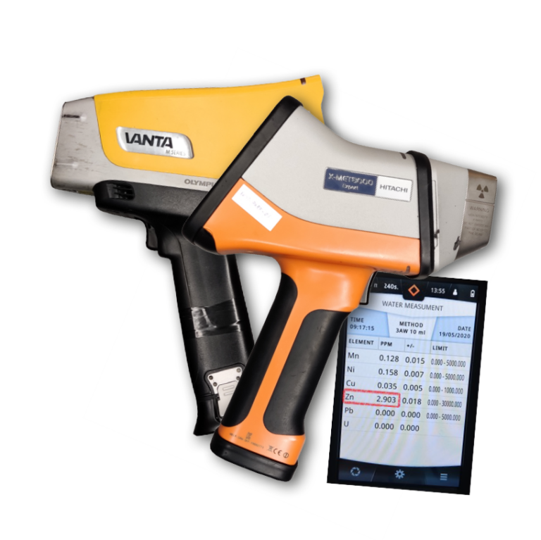 Hitachi and Olympus branded handheld X-Ray Fluorescence Spectrometers (XRF) crossed with image of the touch screen showing water analysis results in ppm values.